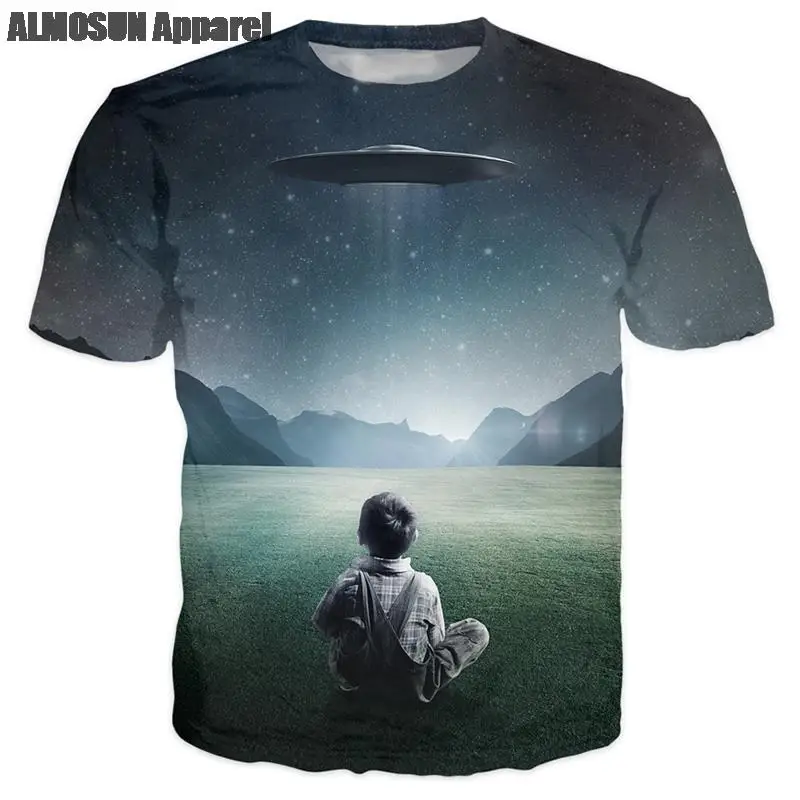 

ALMOSUN Child UFO Alien Galaxy 3D All Over Print T Shirts Short Sleeve Funny Summer Fahsion Hip Hop Tee Unisex Drop Ship