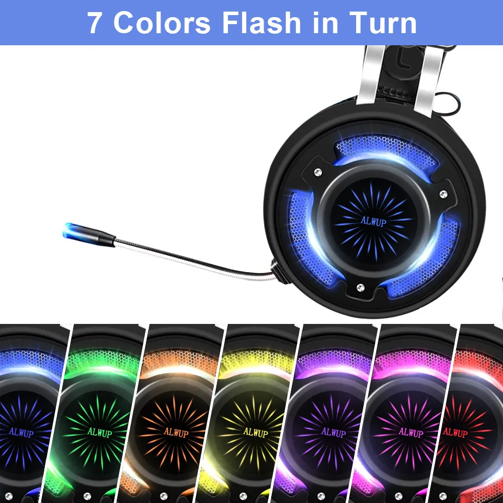 ALWUP-6 игровая гарнитура для PS4 Xbox one с микрофоном Игровые наушники для компьютера ПК игры с разветвителем 7 цветов светодиодный светильник