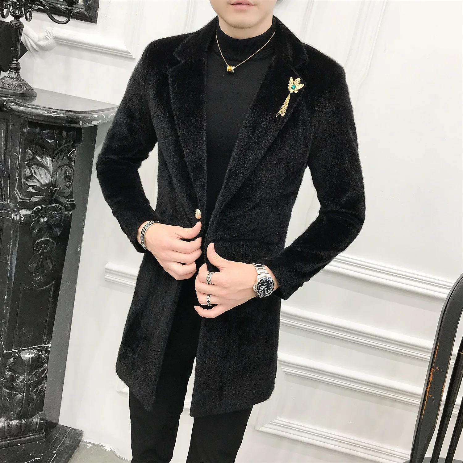 

Luxury Mens Long Coats Black Velvet Long Trench Coat Mens Wool Coats Gentleman Long Jackets Slim Fit Elegant Abrigos Hombre Blue