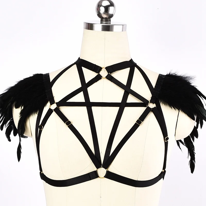 

PENTAGRAM HARNESS Black Elastic Adjustable Feather Epaulette Cage Bra Pastel Goth Festival Rave Witchy Pentagram Body Harness