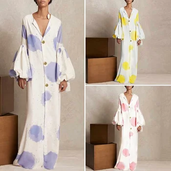 

VONDA Sexy Dress 2020 Spring Women Vintage V Neck Long Lantern Sleeve Print Party Maxi Dresses Holiday Plus Size Vestidos