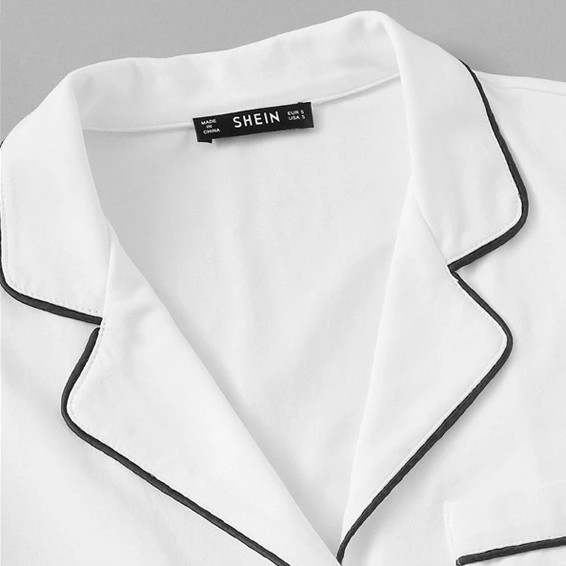 SHEIN контрастная окантовка карман спереди пижамный комплект черный короткий рукав топ с отворотом с эластичной талией шорты женские комплекты из двух предметов