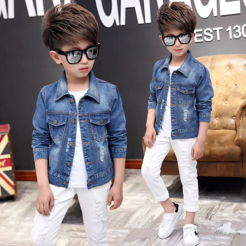 

Boys Outerwear Coats Casual Spring Fall Denim Jackets for Kids Children Pure Color Cowboy Coat Hole Blue Jeans Clothing 3-14 Y