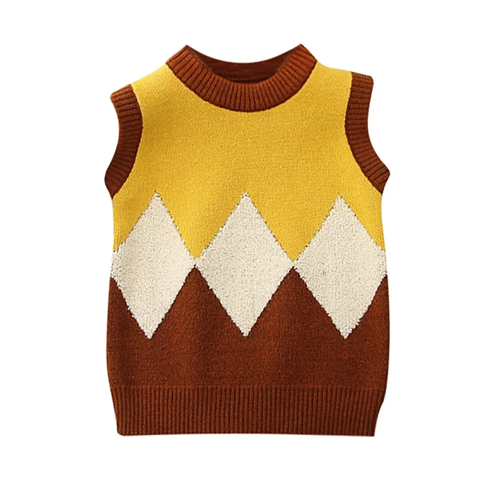 Осенний геометрический жилет для маленьких мальчиков и девочек, свитер, пуловеры без рукавов, топы, пальто, верхняя одежда, От 1 до 5 лет