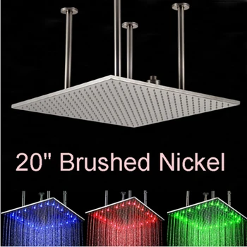

LED Color Changing 20" Square Nickel Brushed Rain Shower Head Ceiling Mounted Top Shower Sprayer Head