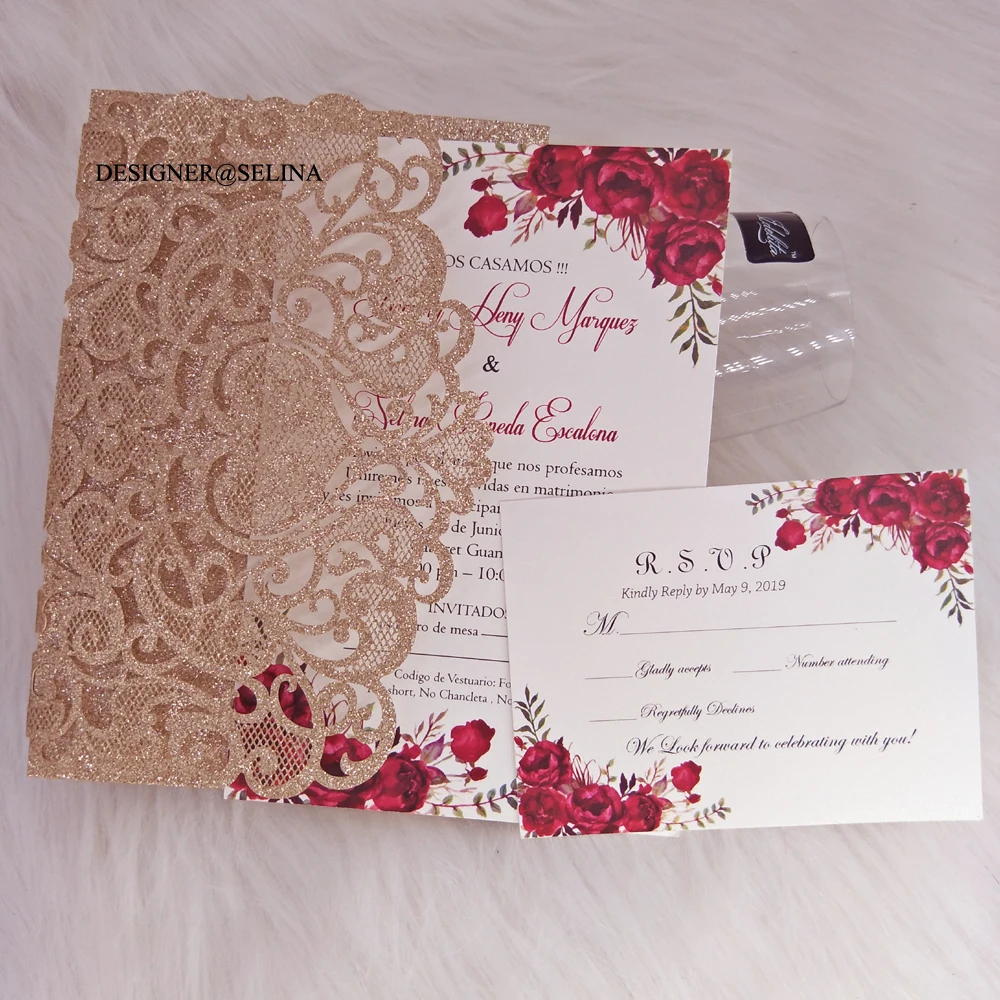 Роскошная розовая Золотая Милая Цветочная лазерная резка свадебные приглашения с персонализированной печатью блестящие приглашения для вечеринок