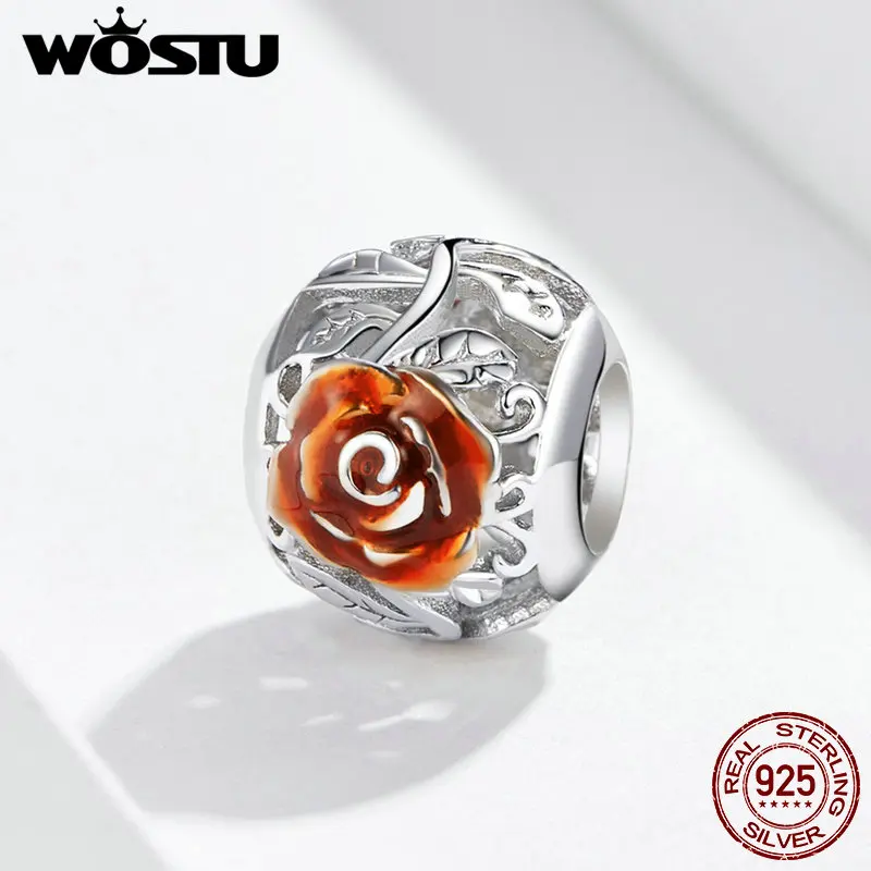 

WOSTU Red Enamel Rose Flower Beads 100% 925 Sterling Silver Charm Fit Original Bracelet Pendant Jewelry Accessories FIC1221