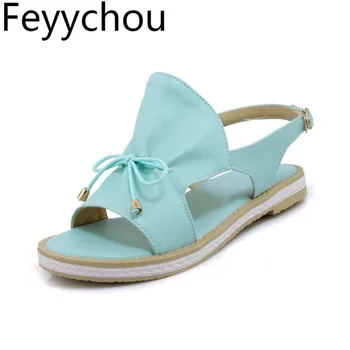 

Women Sandals Low Heel Beach Shoes Pu Butterfly-knot Buckle 2018 Summer Sexy Fashion Flats Casual Office Dress White Blue Black