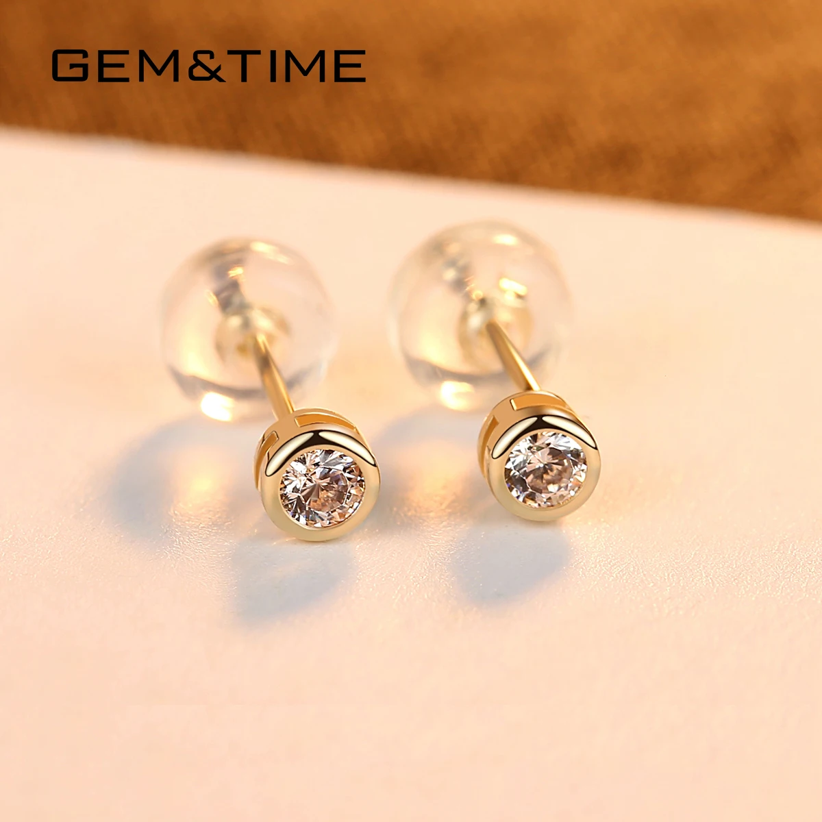 Gem&Time Solid 14k Gold Round Stud Earrings for Women Sunlight Birthstone Wedding Yellow Gold Au585 Fine Jewelry Brincos E14115