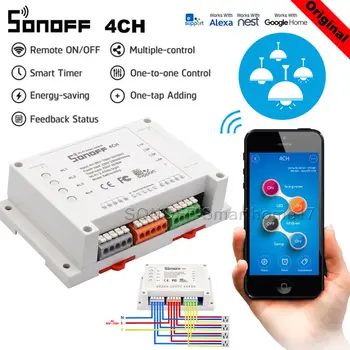 

Sonoff 4CH R2 10A /Gang 4 Channel Wifi Smart Home Automation Switch RF Remote Light Support 4 Device Work with Alexa Google Home