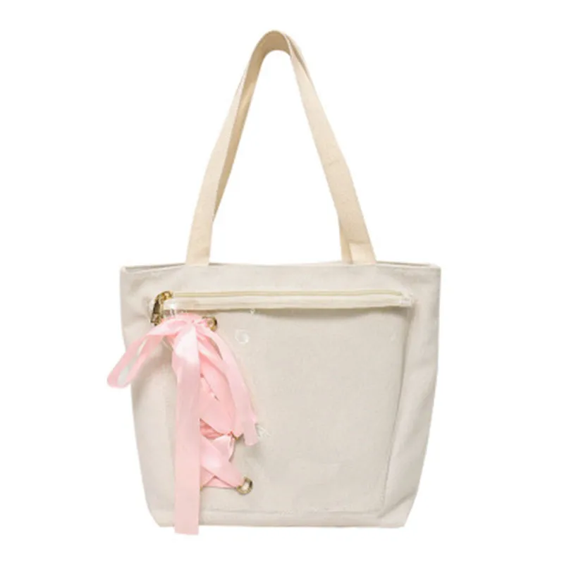 

Cute Bow Ribbon Solid White Pink Black Women Handbags Leisure Large Capacity Casual Tote Canvas Transparent Shoulder Bags