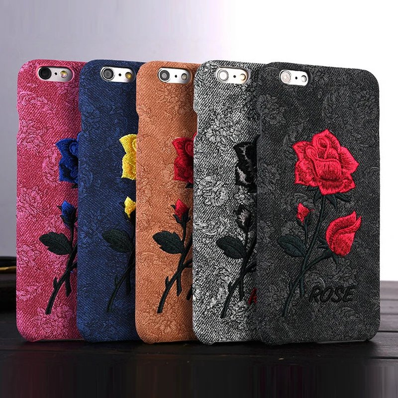 For iPhone 6 6S  Chic Rose Embroidery Retro Case For iPhone 7 6 6S Plus Hard Art Handmade Flower Cover Elegant Phone Cover Bags