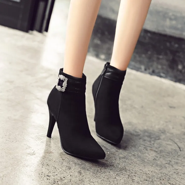 

Big Size 11 12 13 14 15 Ma'am Fine heel Short boots Pure color Water drill Fashion boot barrel High heel boots