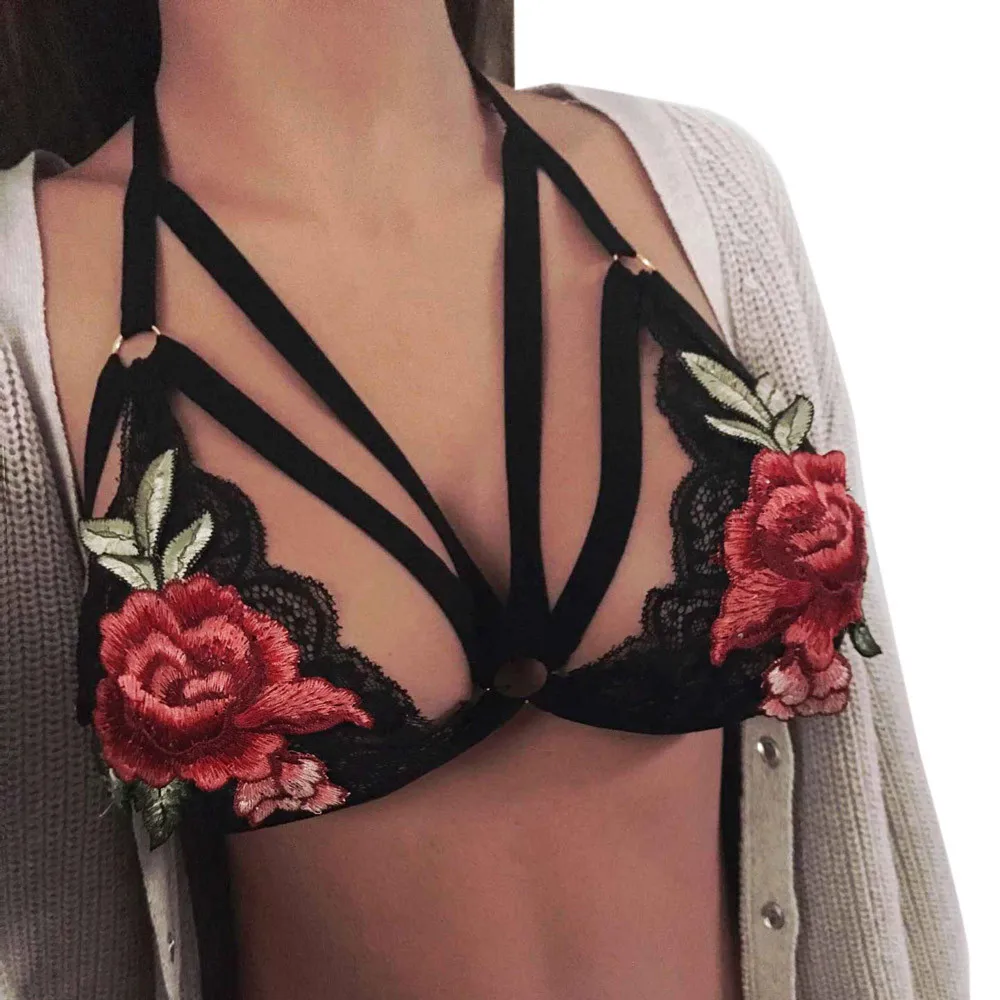 

feitong Sexy Lingerie Lace Floral Appliques Strappy Bras Women Lady Backless Hollow Out Bralette Crop Tank Top Vest Tops Camis