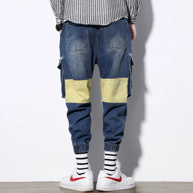 Side Pockets Jeans Men Patchwork Ankle 
