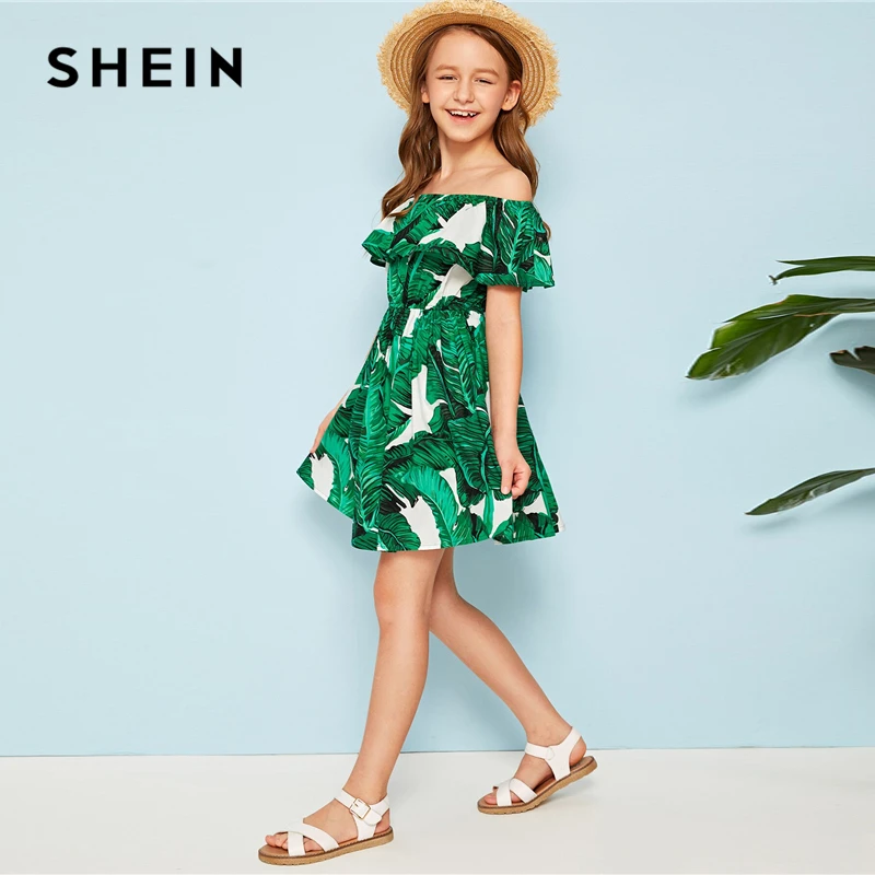 SHEIN Kiddie/красное платье в горошек с рюшами и открытыми плечами для девочек г. летнее расклешенное платье до колена с короткими рукавами для отдыха в стиле бохо