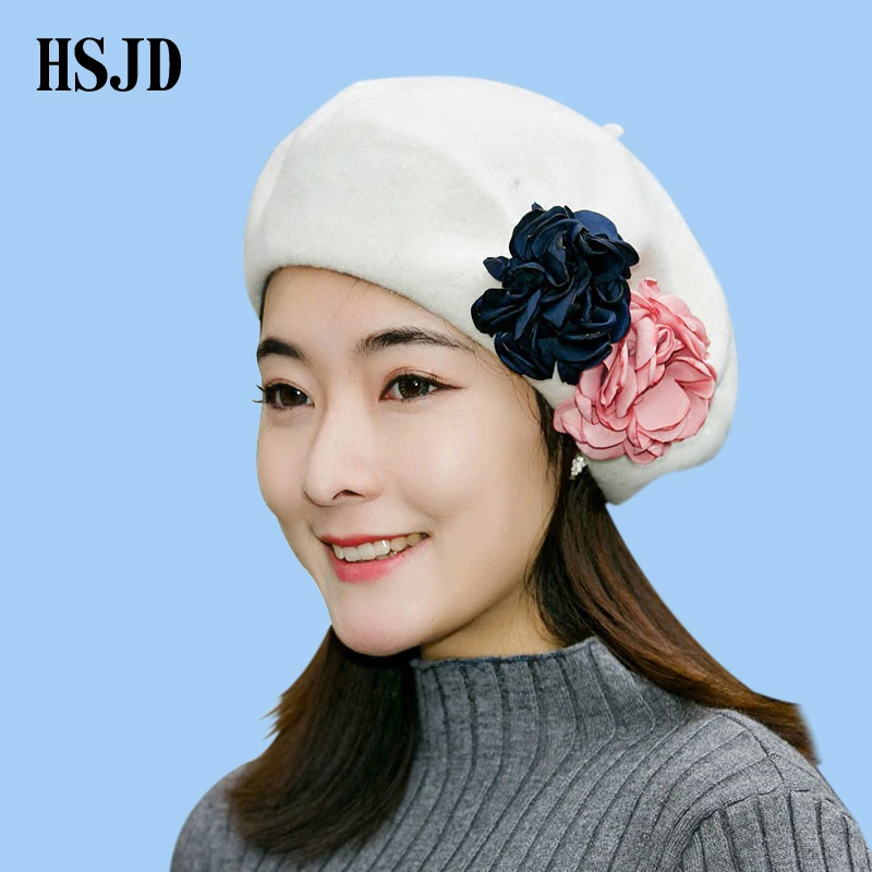 

2017 new fashion elegant winter beret hat for women silk flower decor high quality vintage wool beret Female Hats Autumn Winter