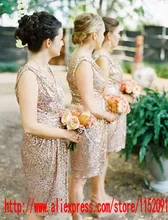 Golden Sequins Top Shiny Knee Length Bridesmaid Dresses 2016 Sexy V Neck Cheap Under 100 Sheath Custom Wedding Party Dress