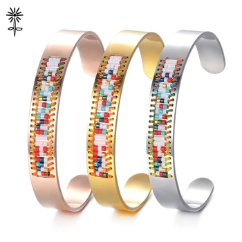 

10pcs/lot 2018 Fashion Stainless Steel Bangle Bracelets Seed Bead Cuff Open Bangles Jewelry Bohemia Style for Women M-014*10