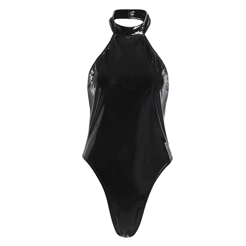 Sexy Women Black One Piece Body Suit Wetlook Latex Catsuit High Neck Halter Backless Leotard Bodysuit for Night Club Dance Wear sexy bodysuit