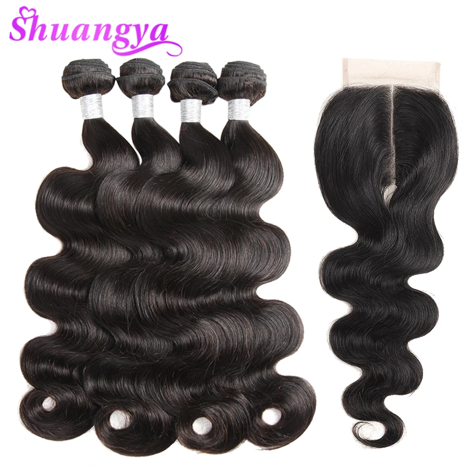 baratas Brasileira Onda Do Corpo Do Cabelo 100% Pacotes Com Fecho de Parte Do Meio Do Cabelo Humano Pacotes Com Fecho Shuangya 3 Remy Extensões de Cabelo