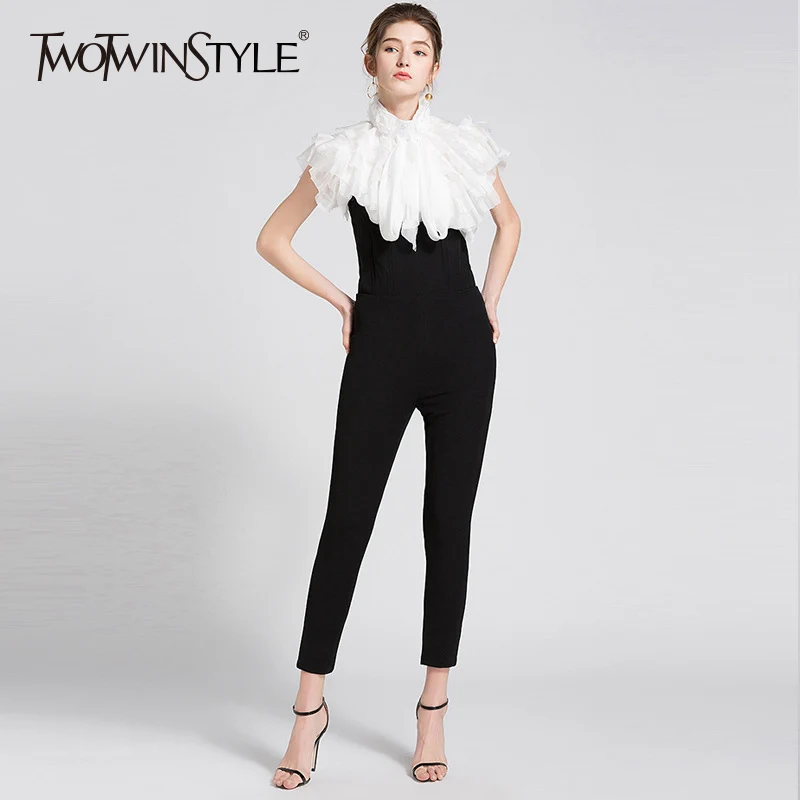 

TWOTWINSTYLE Basic Jumpsuits For Women High Waist Slim Bodycon Black Long Trousers Large Size Female Spring Summer Tide Clothing