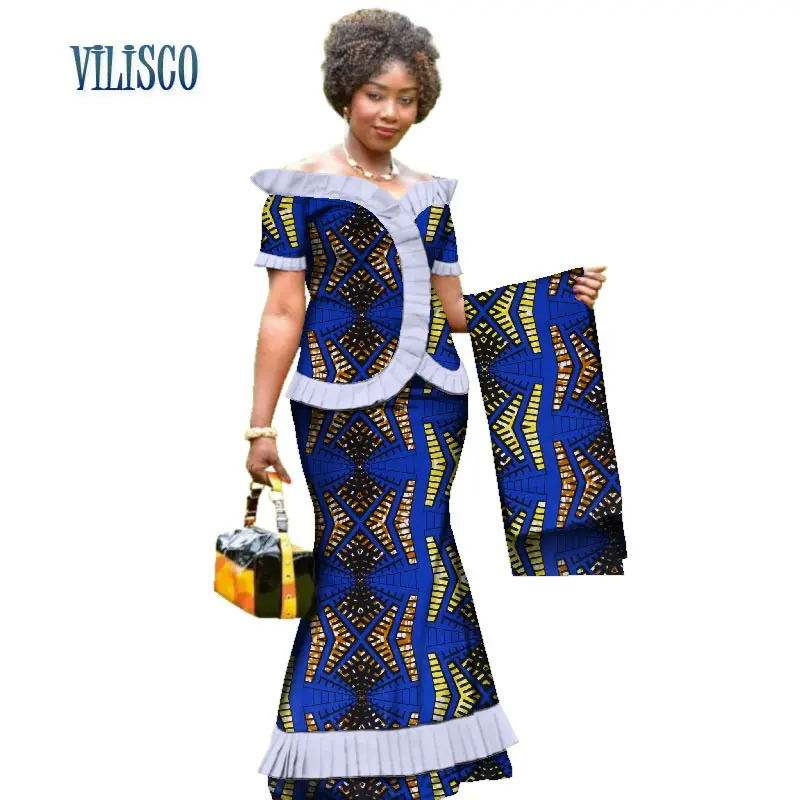 Новый Винтаж африканская одежда драпированные топы и юбка комплекты с головой Обёрточная бумага для Для женщин Bazin африканские 2 шт. юбка