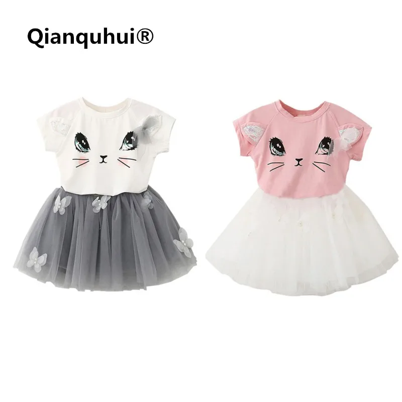 

Girls Dress 2017 Brand Kids Clothes White Cartoon Short Sleeve T-Shirt+Veil Dress 2Pcs baby girl clothes vestido