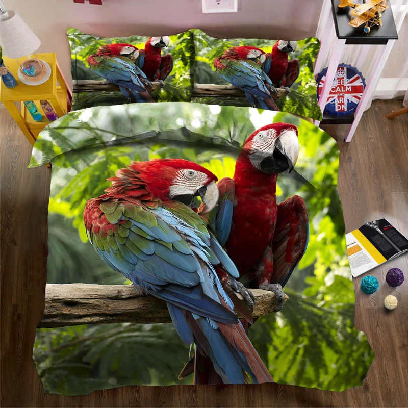 

Two red parrots on a branch 3d effect photo bed linen can be customized photo pattern