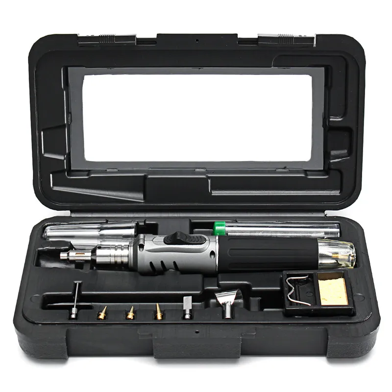 

10 in 1 Butane Gas Soldering Iron Set Self-Ignition Welding Torch 26ml Welder Kit Torch HS-1115K Grey and Black