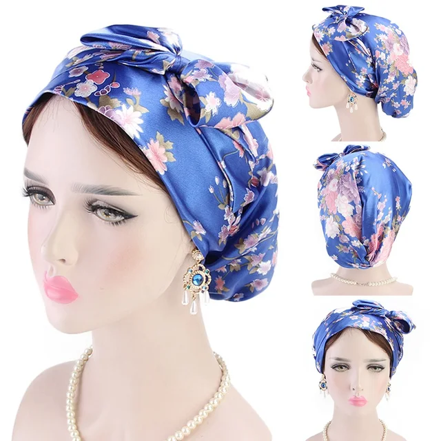 Womens Night Sleeping Cap Head Wrap Bowknot Turban Pre Tied Fitted Silk