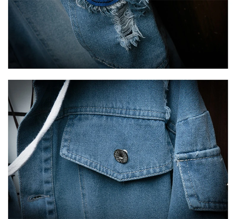 awesome  Men women 2019 New spring Fake two pieces Stitching Pink Ripped Hooded Denim jeans Jacket Hip Hop S