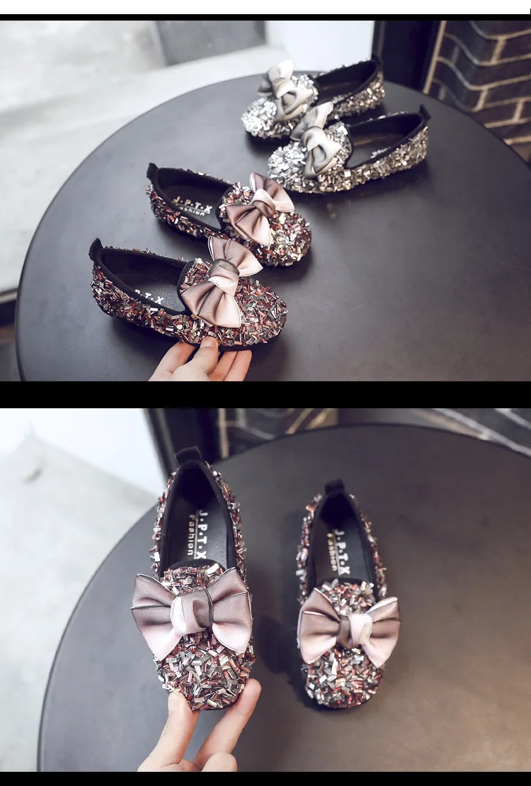 Autumn New Kids' Leather Shoes with Butterfly Knot Princess Shoes Big Bowknot Girls Flats with Sequins Flat Heel Slip On