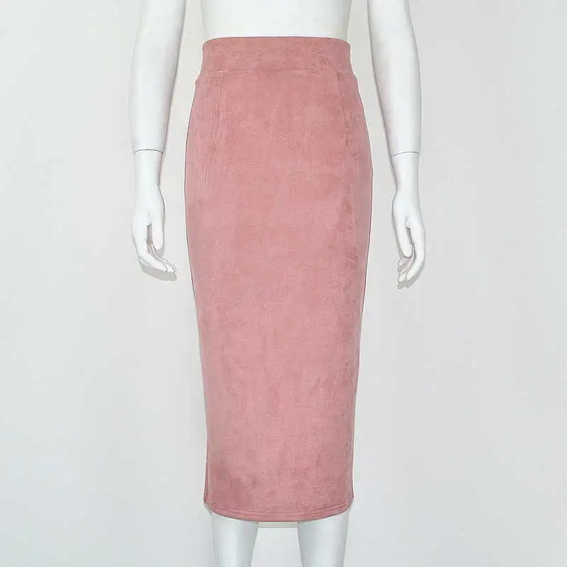 Хорошее качество юбки женские Высокая Талия замшевые юбка миди зима длинная юбка на осень-весну Повседневный короткий рукав юбка-карандаш эластичные Saia - Цвет: Pink