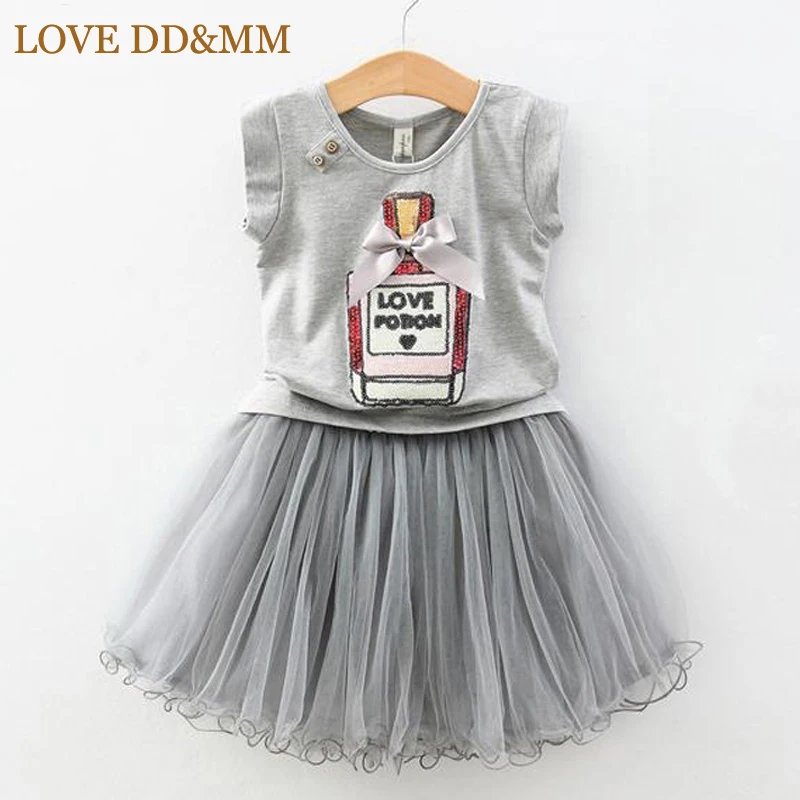 LOVE DD& MM/комплекты одежды для девочек; Детские элегантные футболки с блестками и бантом; костюмы с юбкой из пряжи; детская одежда - Цвет: Серый