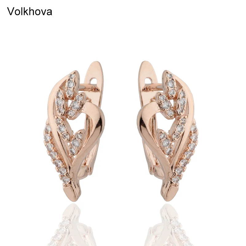 

Fashion Jewelry Women Rose Gold Color Dangle Earrings White Cubic Zircon Flower Shape Drop Plant Earrings