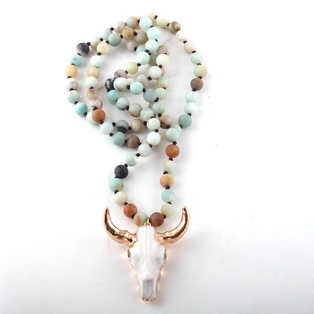

MOODPC Free Shipping Frosted Amazonite Stones Bohemian Tribal Jewelry Horn Pendant Necklace