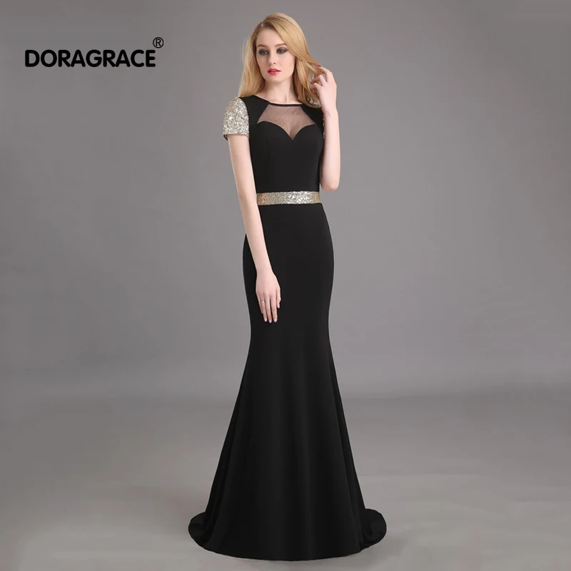 

Doragrace New Fashion Cap Sleeve Open Back Mermaid Black Sequins Evening Dresses Plus Size