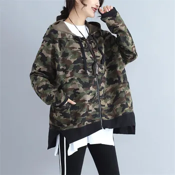 

Large Size Women's Clothing 2020 Autumn New Retro camouflage zipper hooded short Sweatershirt Coat spring Jackets XA02