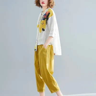 Женский модный комплект из 2 предметов большого размера, женская летняя повседневная рубашка из хлопка и льна с необычным принтом+ свободные широкие брюки, костюм - Цвет: Yellow suit