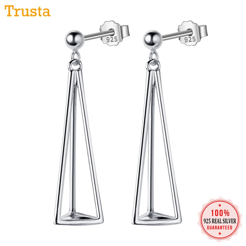 

Trusta 100% 925 Solid Real Sterling Silver Jewelry 3D Triangle Stud Earrings For Teen Xmas Girls Teens Women Gift DS1307
