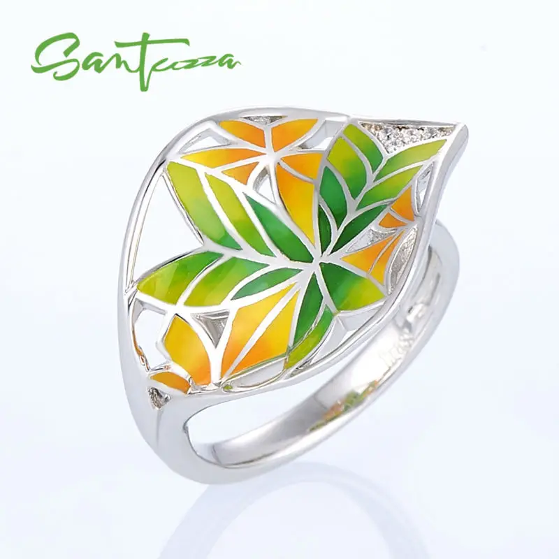 SANTUZZA, кольца для женщин, красочное прозрачное кольцо с листьями, кубический цирконий, Гламурное кольцо, вечерние ювелирные изделия, ручная работа, эмаль