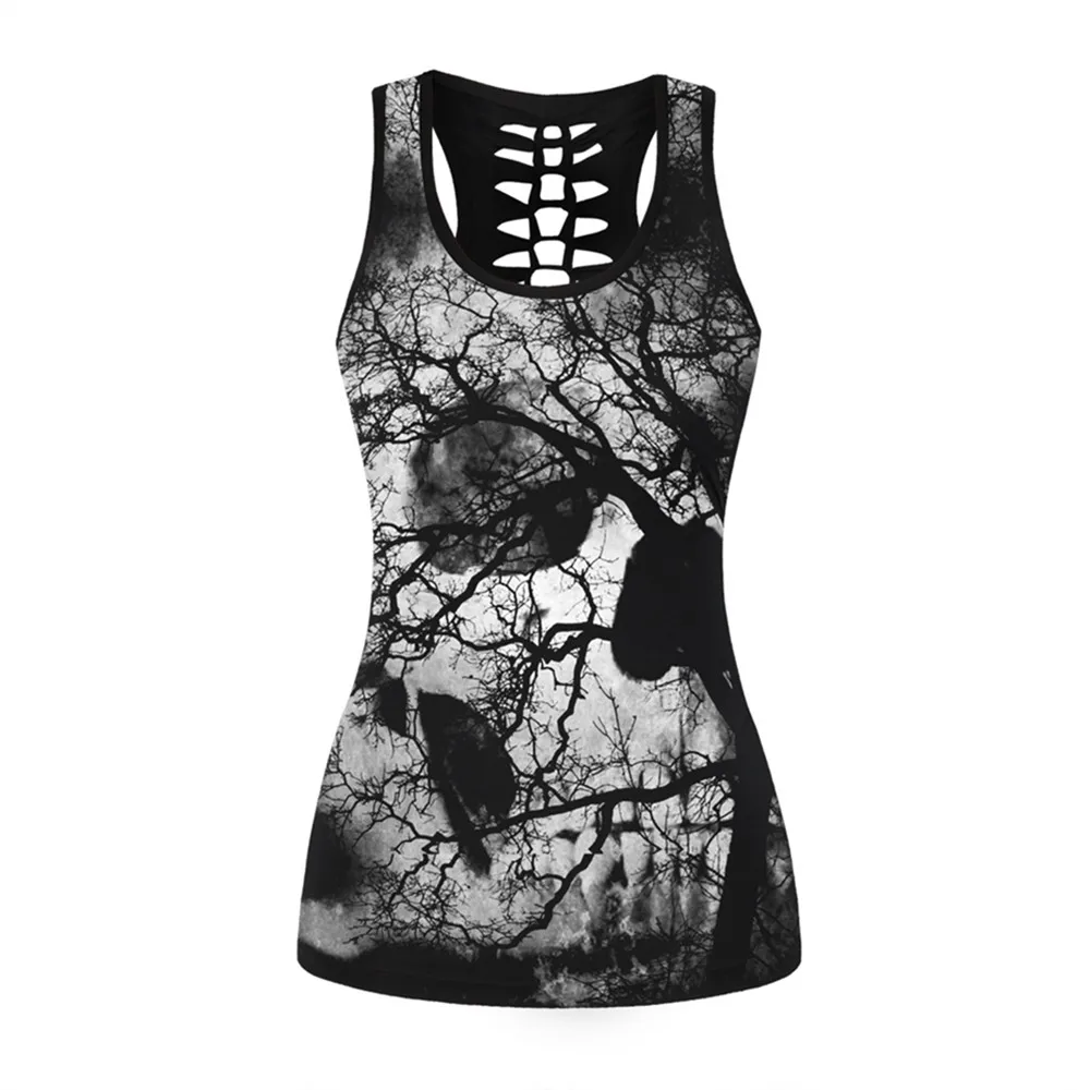 

Women Top Tank Black and White Fitness Tops Gothic Skull 3D Printed Beauty Back Hollow Out Sleeveless Slim T Shirts Camisole