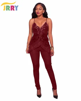 

JRRY Sexy Two Pieces Spaghetti Strap Ruffles Women Jumpsuit Deep V Neck Backless Sequin Top Long Skinny Pants Ladies Romper