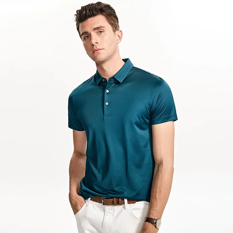 Роскошная шелковая рубашка поло из тутового шелка, Мужская однотонная гладкая рубашка из натурального шелка, мужская деловая рубашка поло, футболки, топы, одежда - Цвет: Зеленый