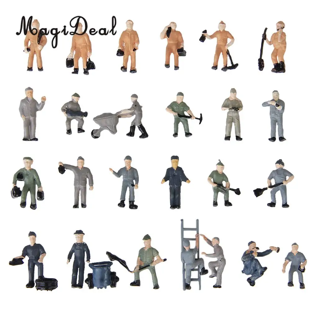 25Pcs/Lot 1:87 Scale Painted Mix Model Train Railway Station Platform Worker People Figures with ladder Bucket Layout Scene Toys