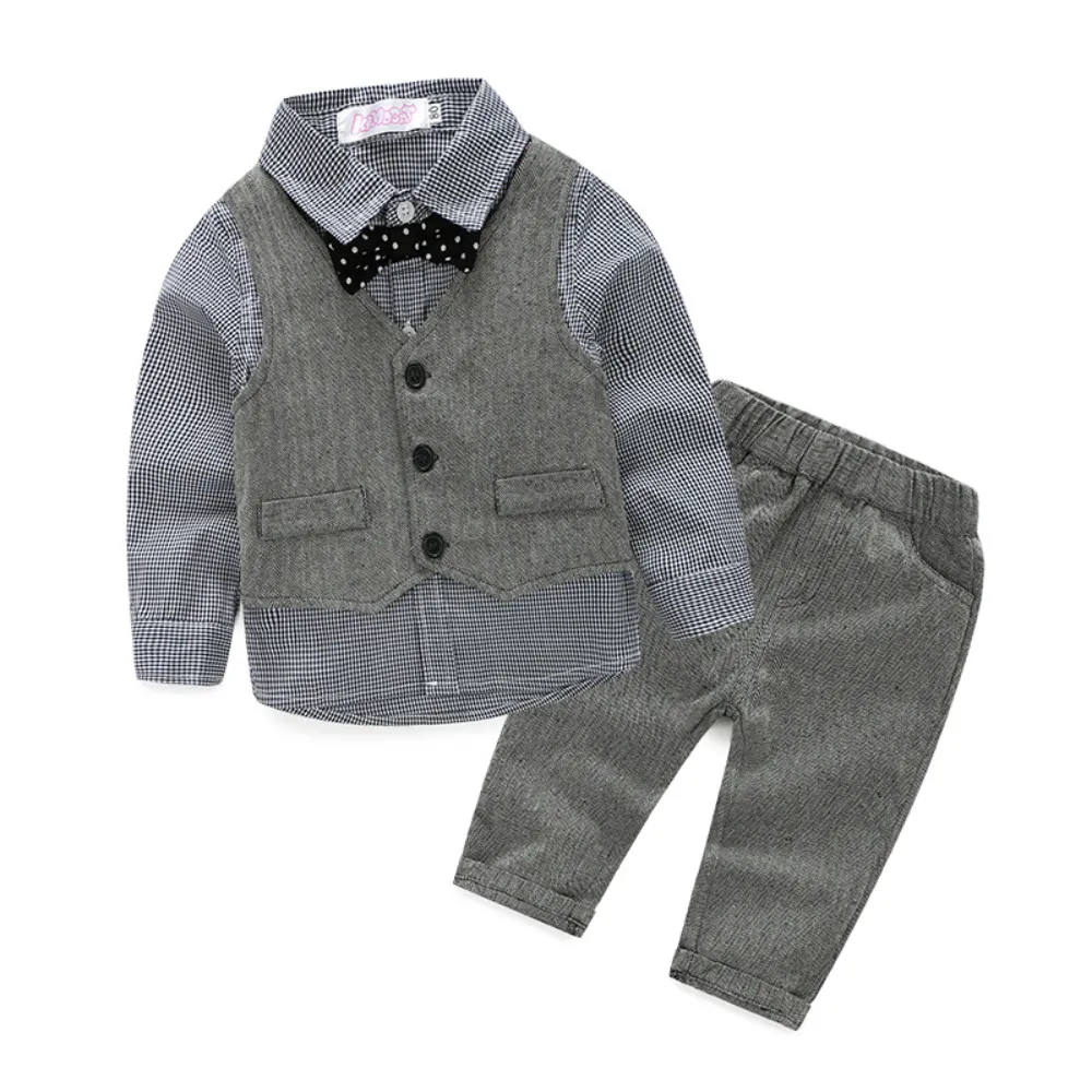 

Kimocat Baby Boy Vest Set Plaid Suit Shirt Pants Bowtie Gentleman Outfit