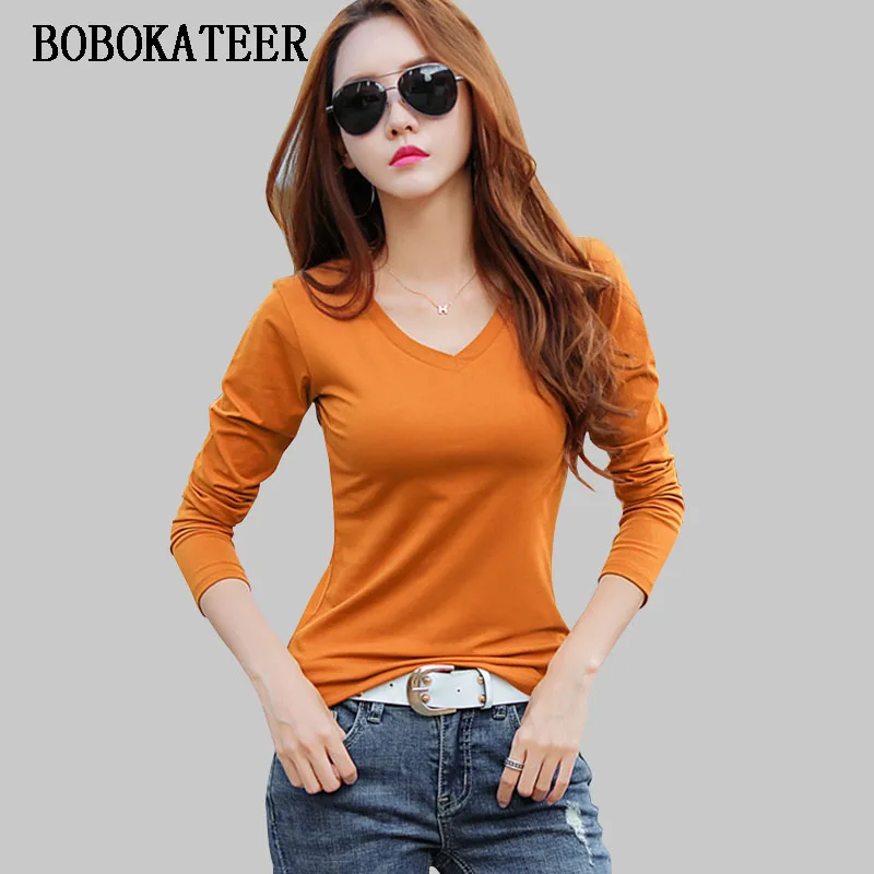 

BOBOKATEER long sleeve t shirt women tops cotton t shirts casual tshirt women t shirt plus size tee shirt femme loose camisetas