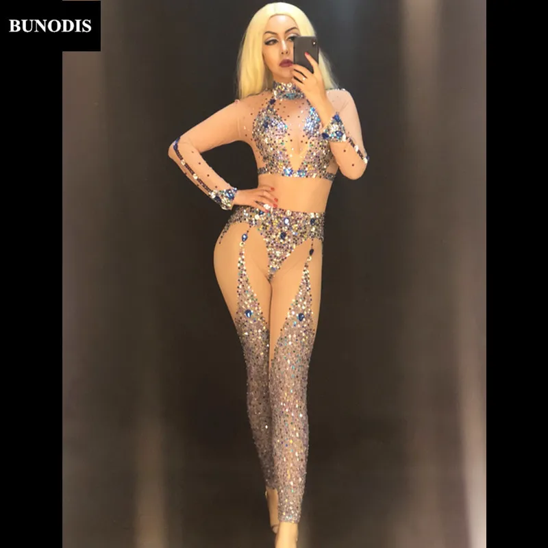 BU335 Для женщин сексуальная пряжа Bling комбинезон полный сверкающими кристаллами