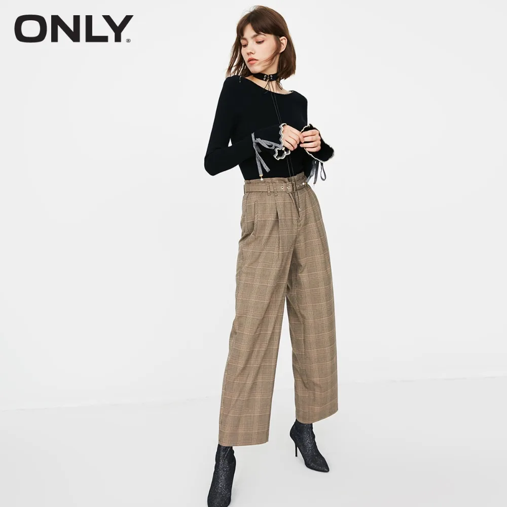 

ONLY womens' autumn new high waist plaid casual pants Side pockets Zip placket|118314505